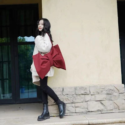Bow Canvas Handbags Big Shoulder Crossbody Bag Travel Messenger Black Red Clutch