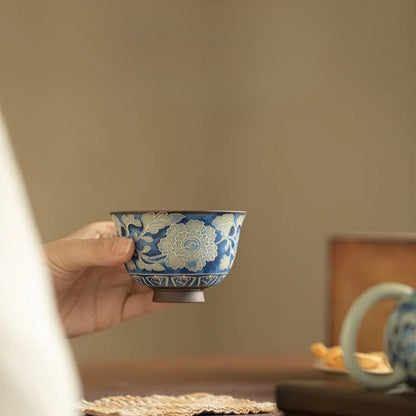 120ml Ceramic Ru Kiln Peony Teacup Tea Bowl Tea-tasting Fragrance Cup Master Cup