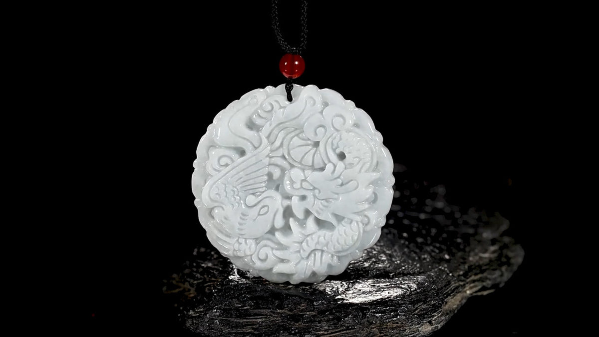 Certificate Natural Grade A Jade Jadeite Dragon Phoenix Couple Pendant Necklace