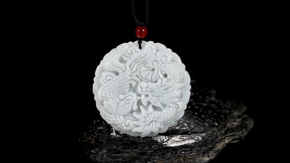 Certificate Natural Grade A Jade Jadeite Dragon Phoenix Couple Pendant Necklace