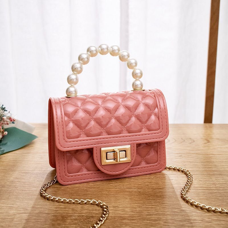 Women Bags Pearl Chain Pvc Mini Jelly Shoulder Bags Traveling Square Jelly Bag