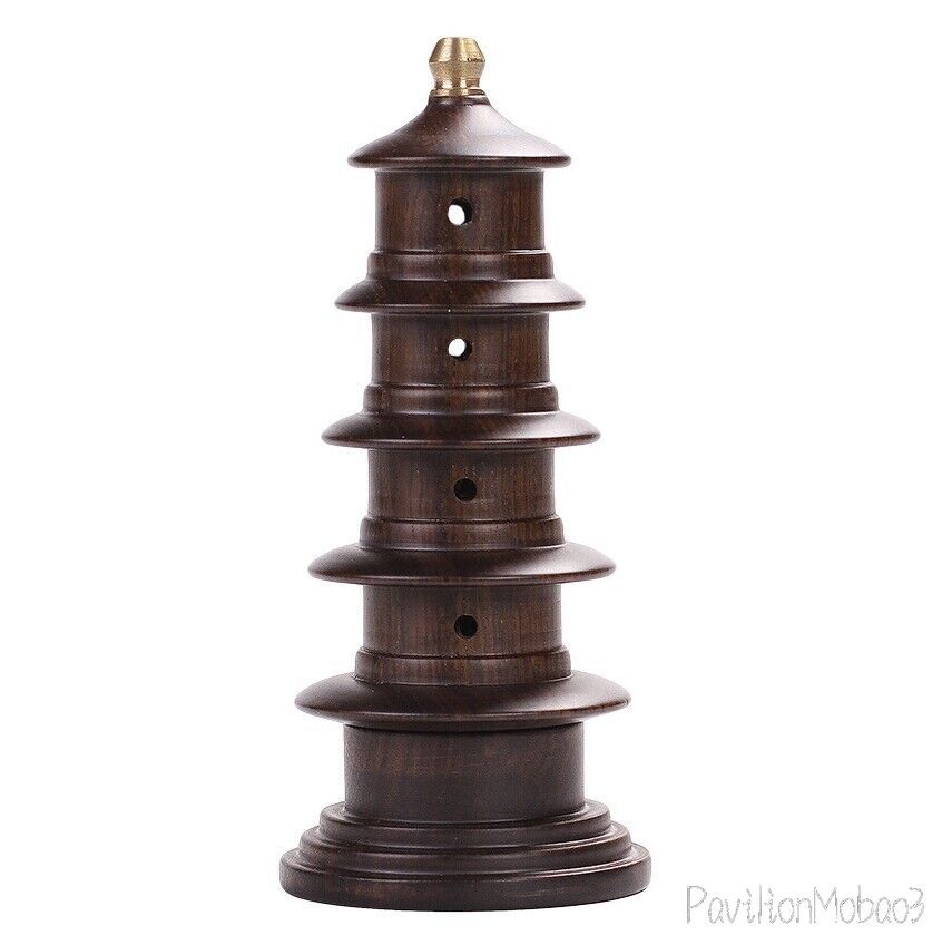 Ebony Wood Carved Stupa Pagoda Tower Incense Stick Burner Zen Buddhism Decor