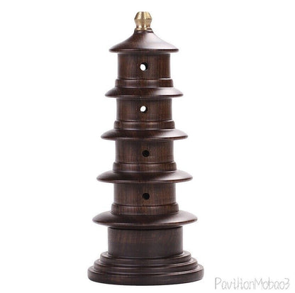 Ebony Wood Carved Stupa Pagoda Tower Incense Stick Burner Zen Buddhism Decor