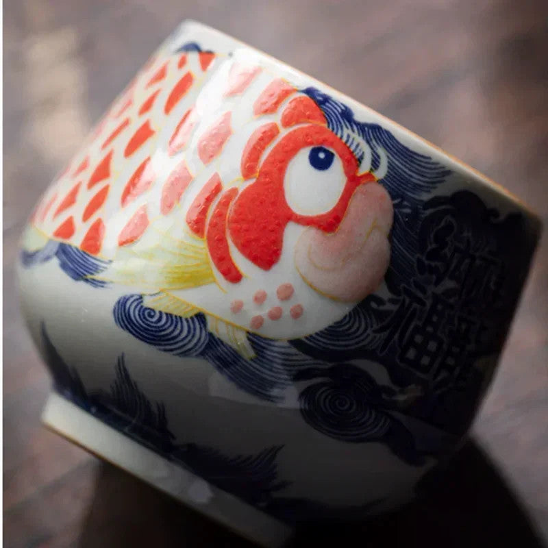 120ml Chinese Blue and White Ceramic Handpainted Koi Fish Tea Cup Master Cup