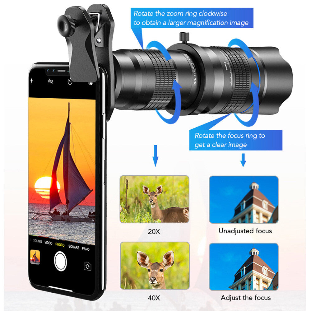 APEXEL Optional HD 20x-40x Zoom Telescope Telephoto Lens+Tripod Samsung iPhone