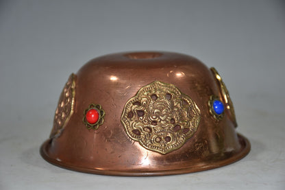 Vintage Nepalese Red Copper Bowl 4.92×2.17in Inlaid Gem 162g Butter Tea Cup