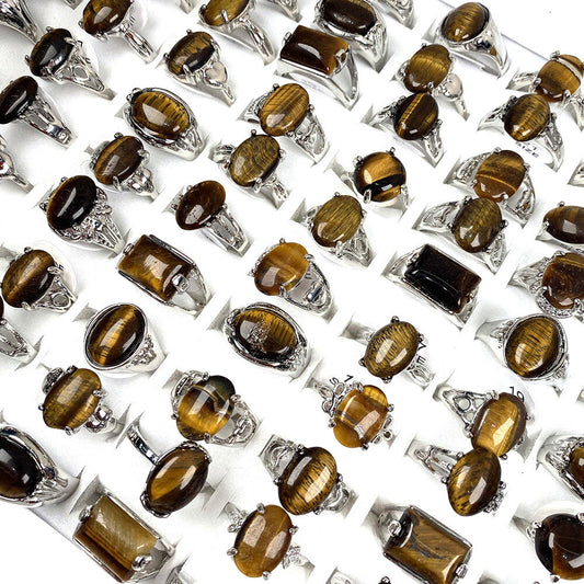 Wholesale Jewelry 20Pcs Natural Tiger Eye Stone Gemstone Silver Plated Rings