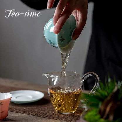 110ml Handpainted Spring Flower Ceramic Tea Tureen Retro Green Glaze Bowl Tea