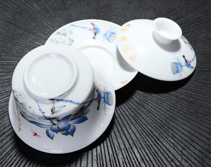 China Gaiwan Porcelain Handpainted Under Glaze Ceramic Tea Cup Bowl Saucer Lid