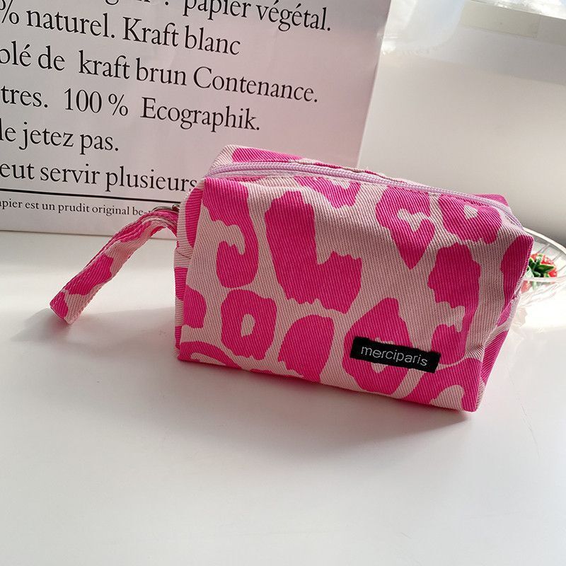 Retro Corduroy Cosmetic Bag Plaid Canvas Leopard Print Storage Purse S/M/L 1 PC