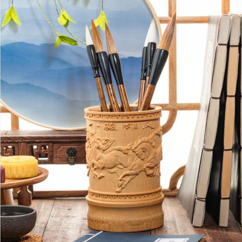 Bamboo Carved Eight Horses Pen Holder 5.12in Chinese Desk Decor