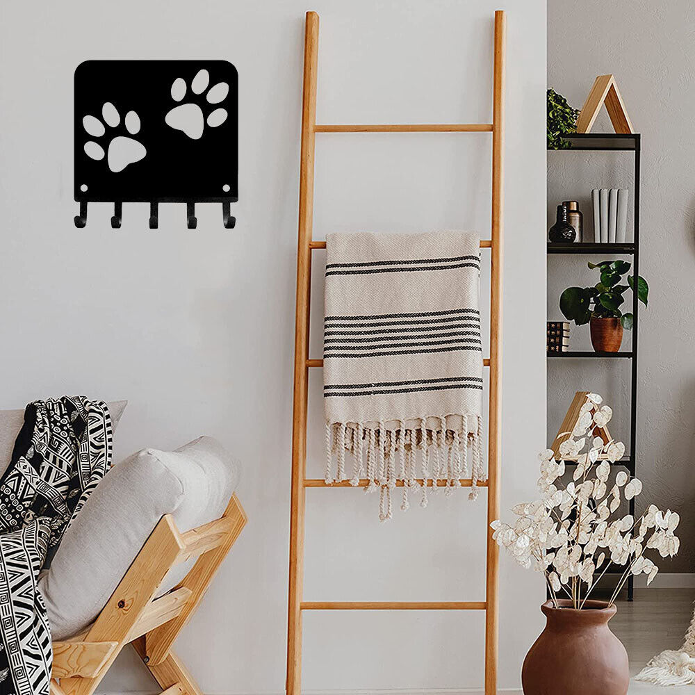 Paw Print Key Rack Hanger & Dog Leash Organizer - 6 inch Wide Metal Wall Art