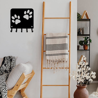 Paw Print Key Rack Hanger & Dog Leash Organizer - 6 inch Wide Metal Wall Art