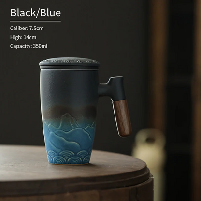 Embersceramic Ceramic Tea Cup with Infuser and Lid Tea Mugs Wooden Handle 350ml