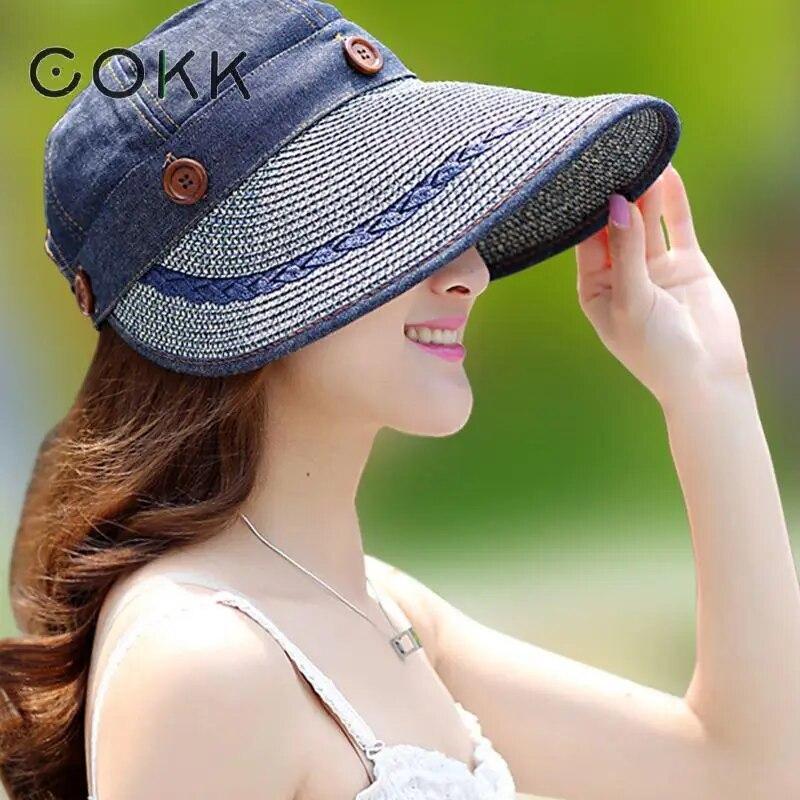 Women Large Brim Floppy Hat Wide Straw Button Caps Summer Beach Sun Visor Hats