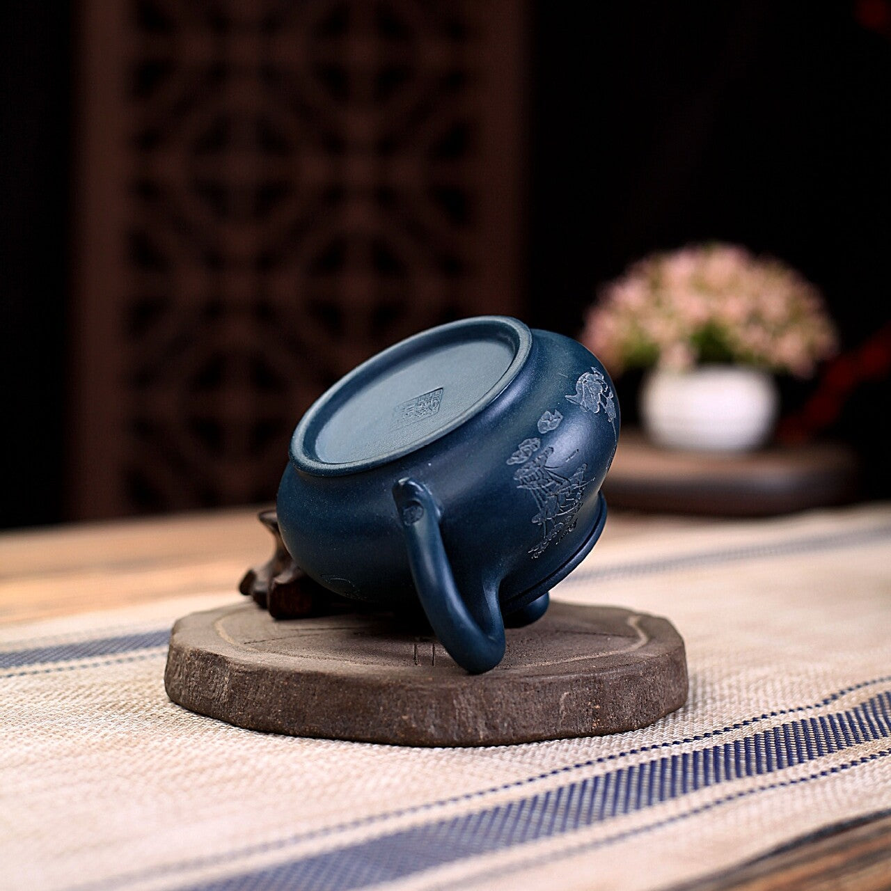 180ml Marked Tea Pot 9 Infuser Holes Hand Carved Lotus Flower Yixing Zisha Clay