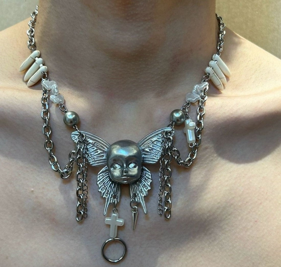 Heavy Duty Cyberpunk Silver Butterfly Doll Head Multi-Layer Necklace