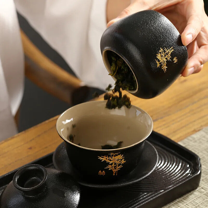 Chinese Black Pottery Ceramic Tea Tureen Retro Tea Maker Zen Cover Bowl Teacup