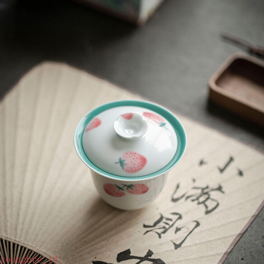 Hand-painted Strawberry Gaiwan Pink Tea Tureen Chinese Tea Brewing Cover Bowl