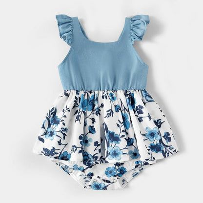 Tank Dresses Summer Spring Mosaic Cotton Matching Floral Sets Flounce Denim Tops