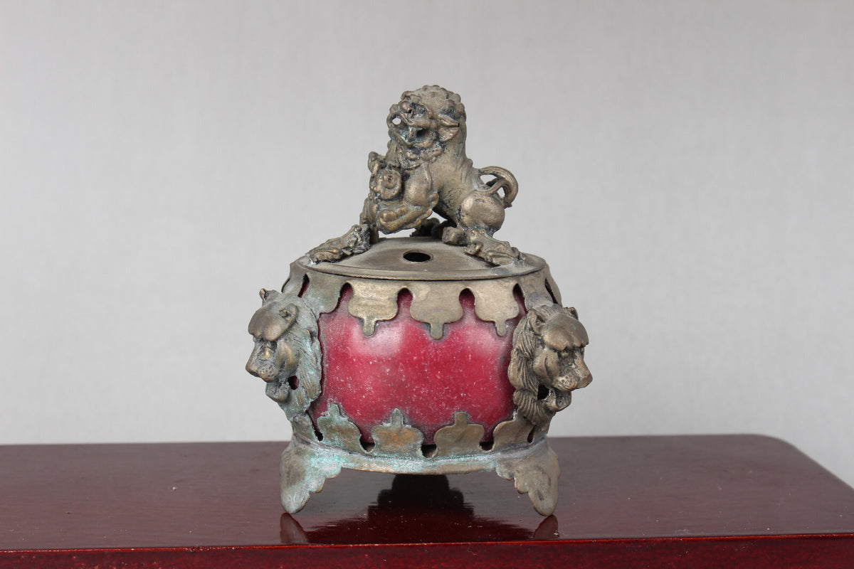 Old Chinese Tibet Feng Shui Jade Inlaid Silver Incense Burner