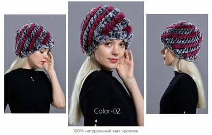 Fur Hats Rabbit Winter Womens Russian Real Knitted Cap Warm Beanie Fashion Solid