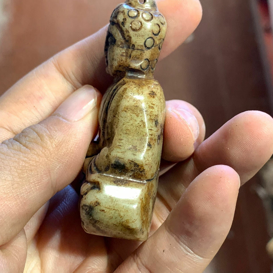 2.36" Chinese Old Handmade Sapphire Carved Buddha Statue Pendant Collect Decor