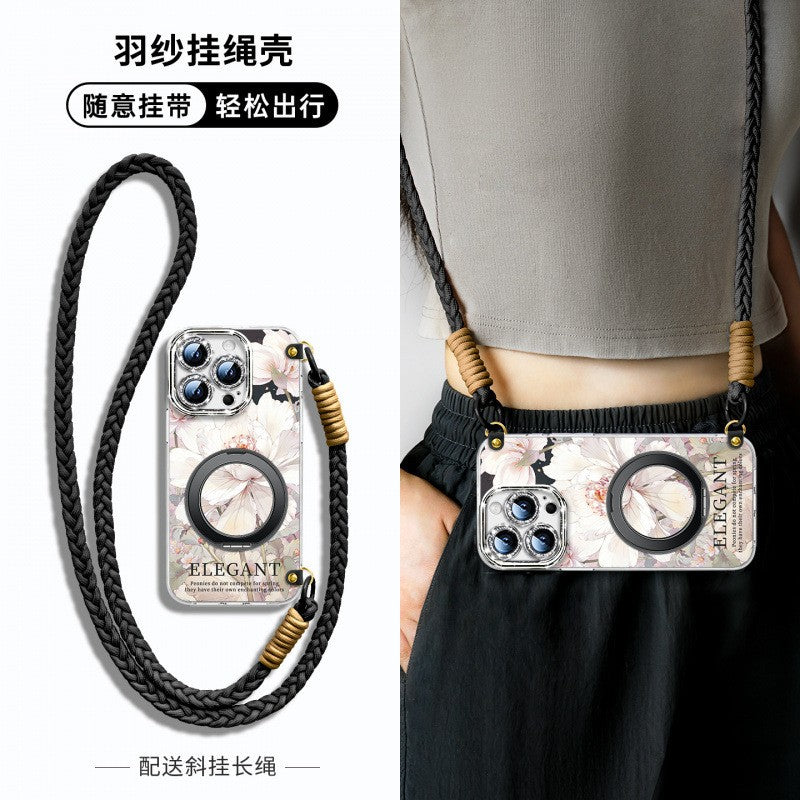 For iPhone 16 Pro/15/14/13 Flower Phone Case with Lanyard/Stand/Crossbody Strap