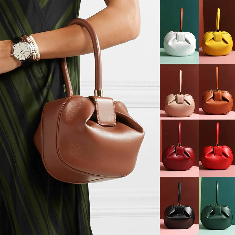 Real Leather Wonton Round Pouch Clutch Purse Top Handle Tote Handbag Grab Bag