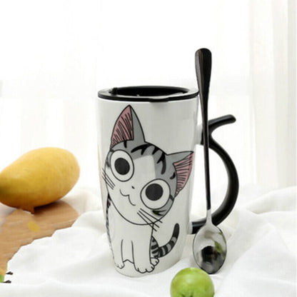 Creative Cat Ceramic Mug With Lid Spoon Cartoon Milk Tea Cup Porcelain Mug Set