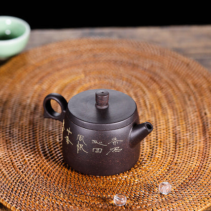 Real Yixing Zisha Black Clay Tea Pot Crane Relief Carved Handmade Tea Pot