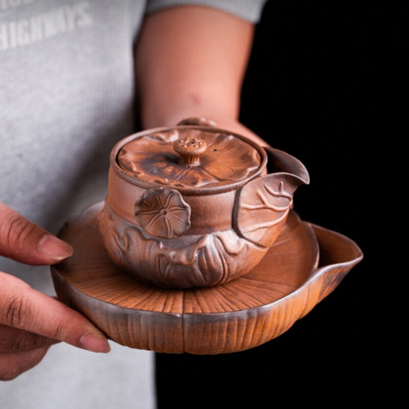 Crude Pottery Tea Pot Lotus Carved Relief Ceramic Pot With Infuser 200ml China