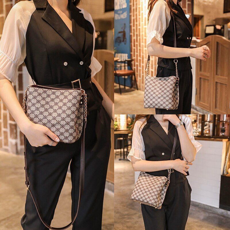 Shoulder Bag Crossbody Chain Strap Plaid Leather Vintage Handbags 19*20*11.5 CM