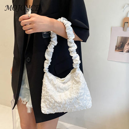 Pleated Shoulder Bag Underarm Purse Large Tote Zipper Handbag White/Black Pouch