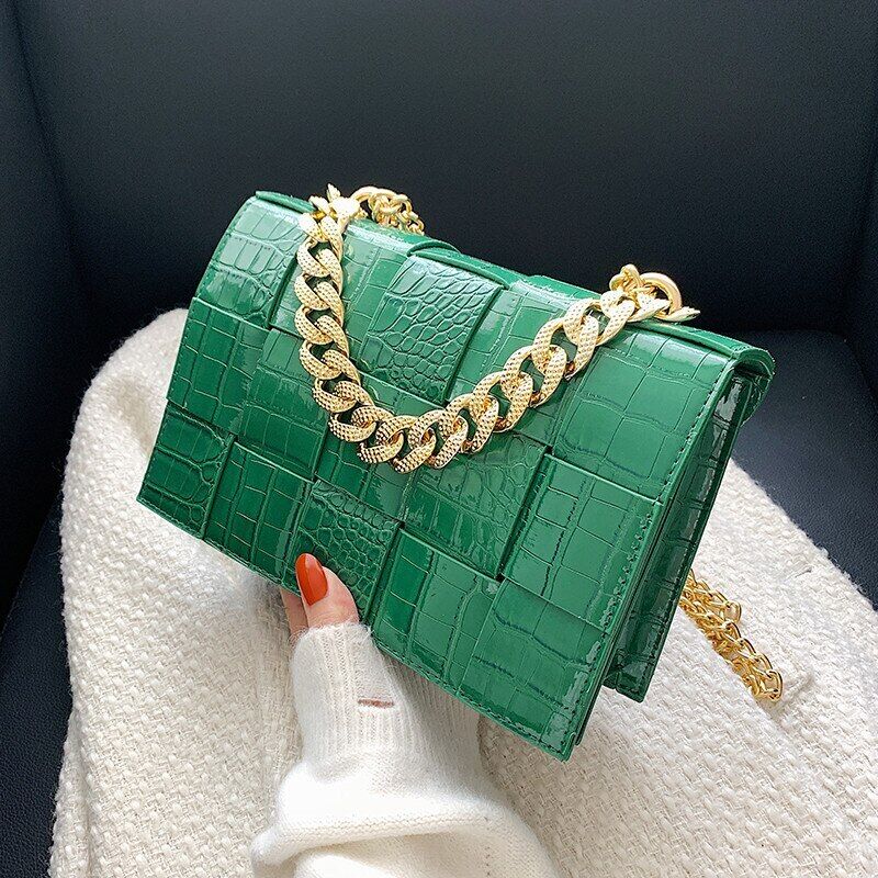 Pattern Pu Leather Bag Women Gold Chain Woven Square Bag Evening Party Clutch