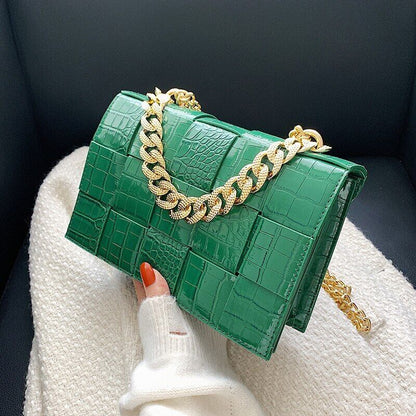 Pattern Pu Leather Bag Women Gold Chain Woven Square Bag Evening Party Clutch