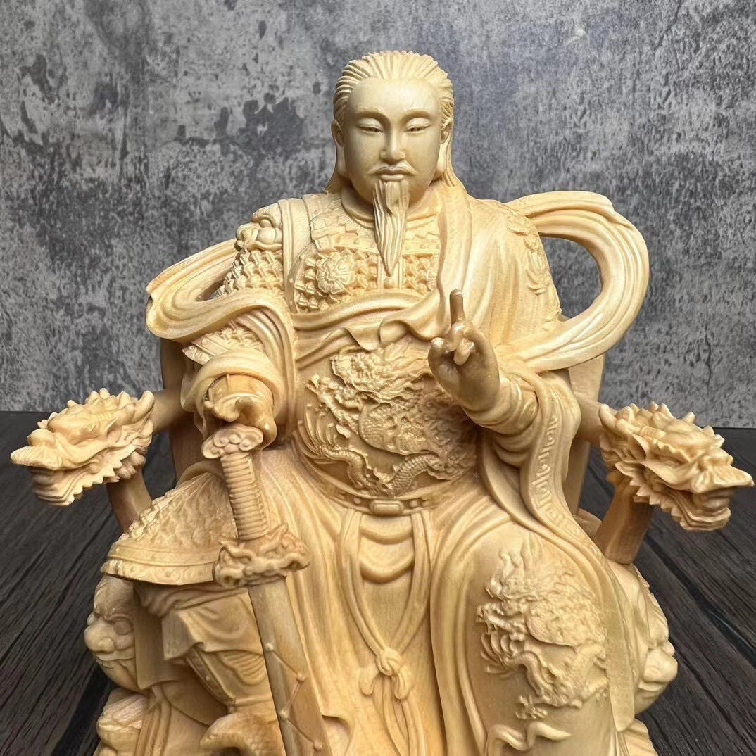 Chinese Boxwood Carved Emperor Zhenwu Statue Taoism God Daoist Deity Home Decor