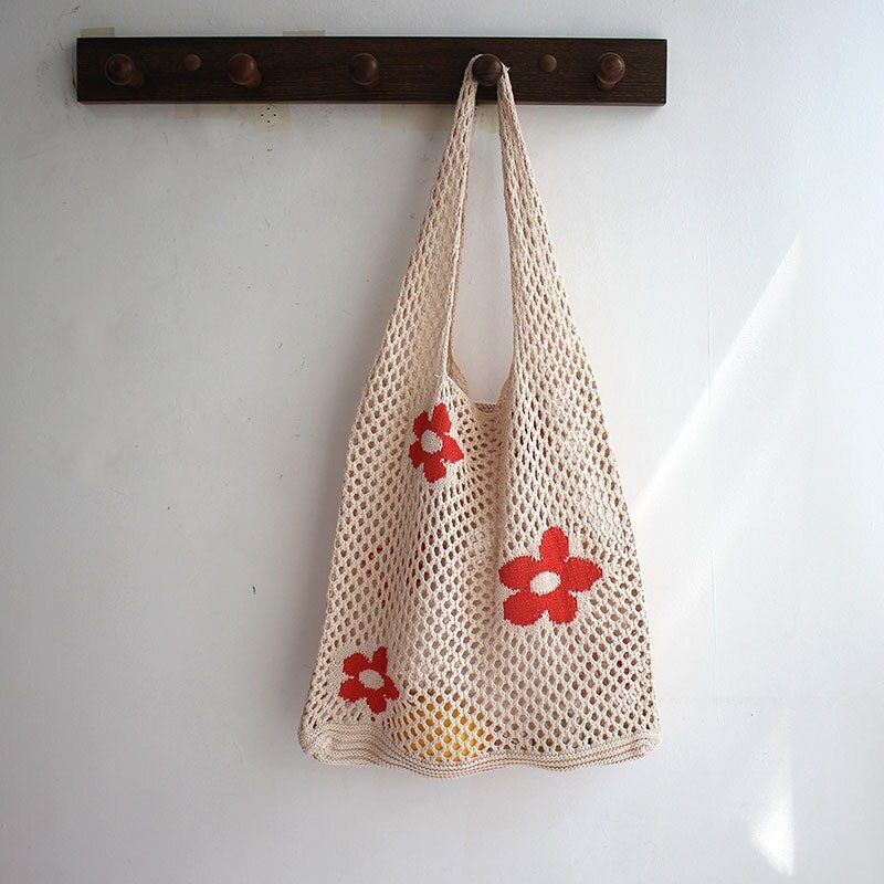 Summer Flower Handbag Knitted Shoulder Bag Large Shopping Woven Hollow Beach Bag