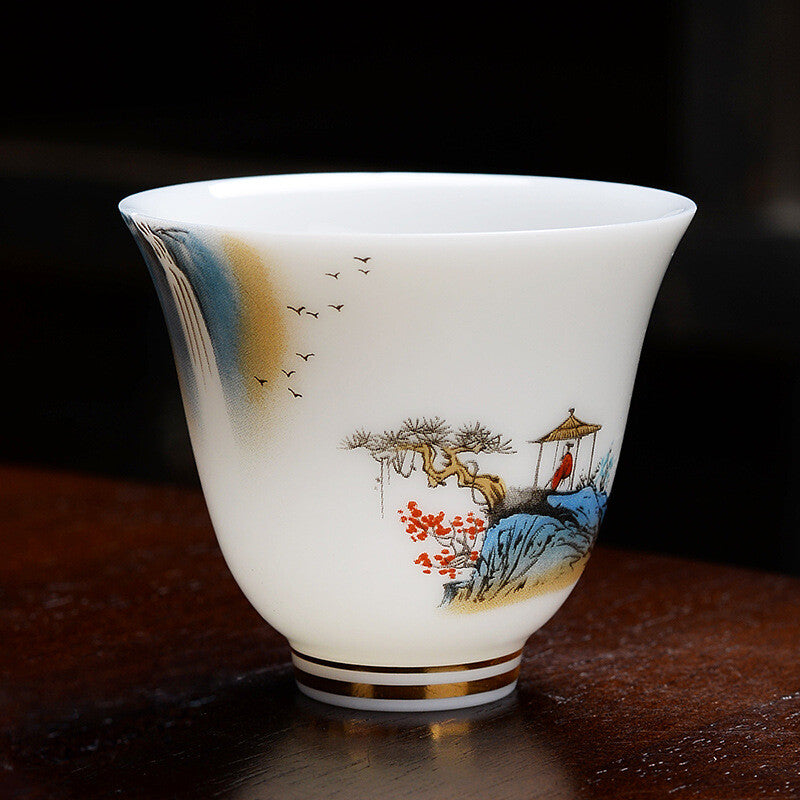 One Tea Cup Fat Mutton Jade Porcelain Cup Bird Flower Painted Chinese Master Cup