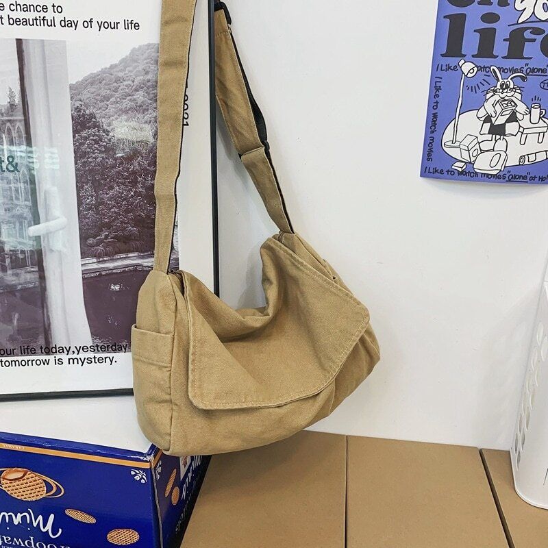 Canvas Fabric Shoulder Bag Student Medium Size School Book Laptop Bag