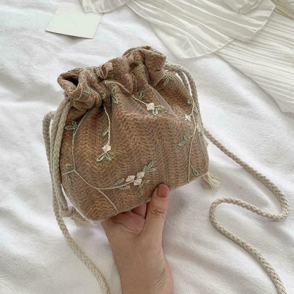 Shoulder Bags Women Drawstring Straw Bags Embroidery Bags Crossbody Handbags