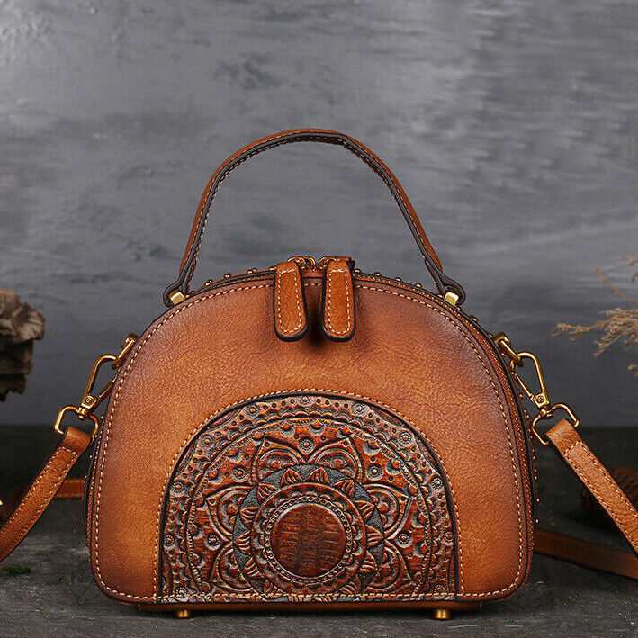 Women's Retro Classic Genuine Leather Handbags Embossed Shell Shoulder Bag Tote