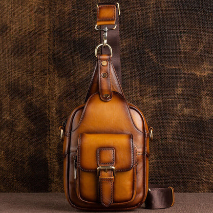 Men's Sling Backpack, 100% Cowhide Leather Vintage Chest Bag Crossbody Daypack