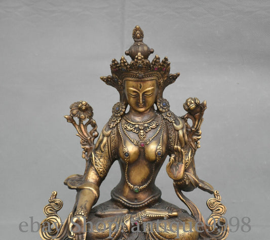 12.5'' Old Tibet Bronze Gilt White Tara Mahayana Buddhism Enlightenment Statue