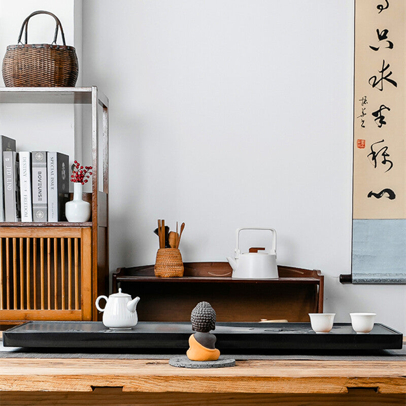 Handmade Carved Black Stone Tea Tray Water Draining Tea Table Weighted Tea Boat