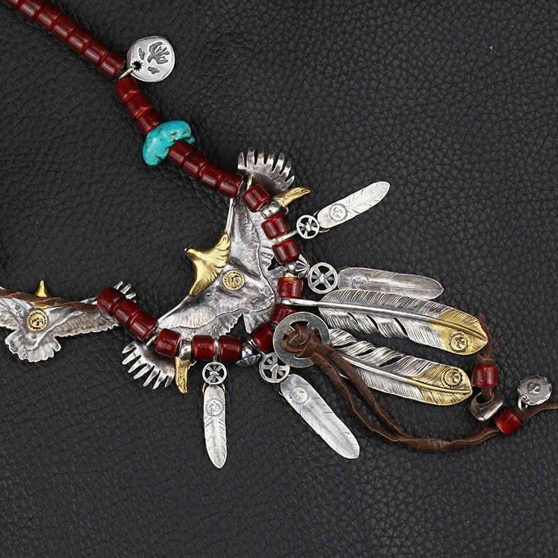 Vintage Eagle Feather Necklace Handmade Turquoise Red Bead Tribal Pendant