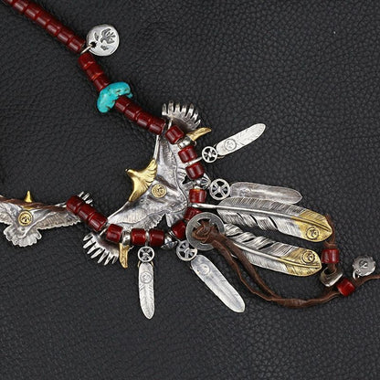 Vintage Eagle Feather Necklace Handmade Turquoise Red Bead Tribal Pendant