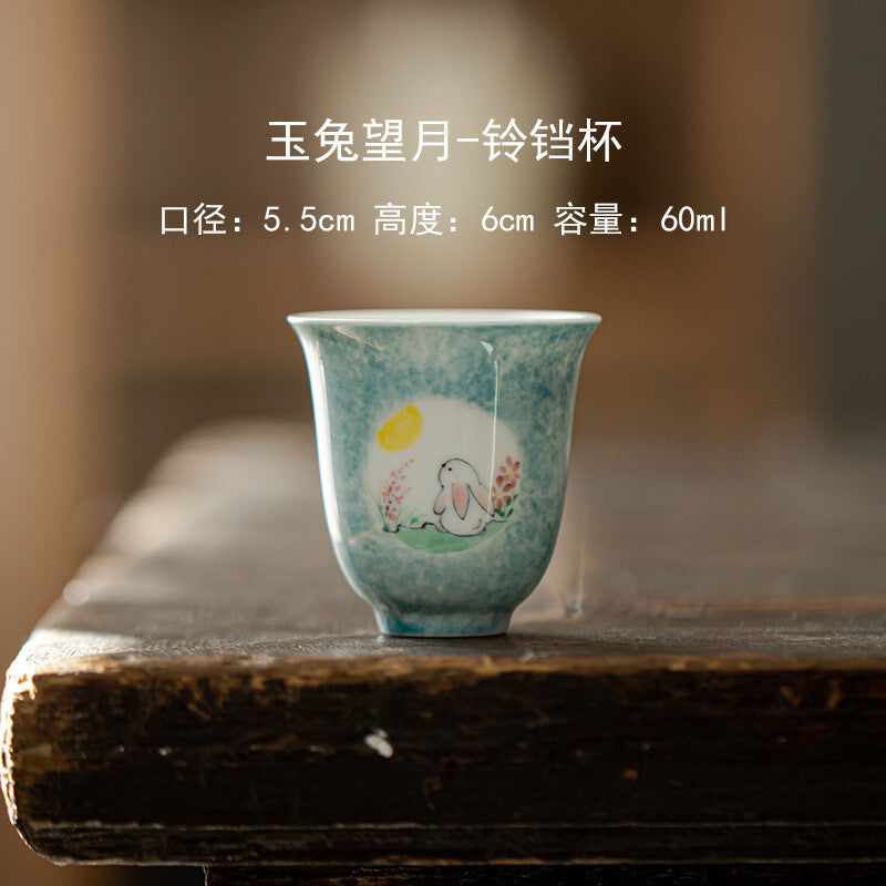 Jade Rabbit Looking Moon Underglaze Ceramic Tea Cup Kung Fu Tea Set Covered Bowl