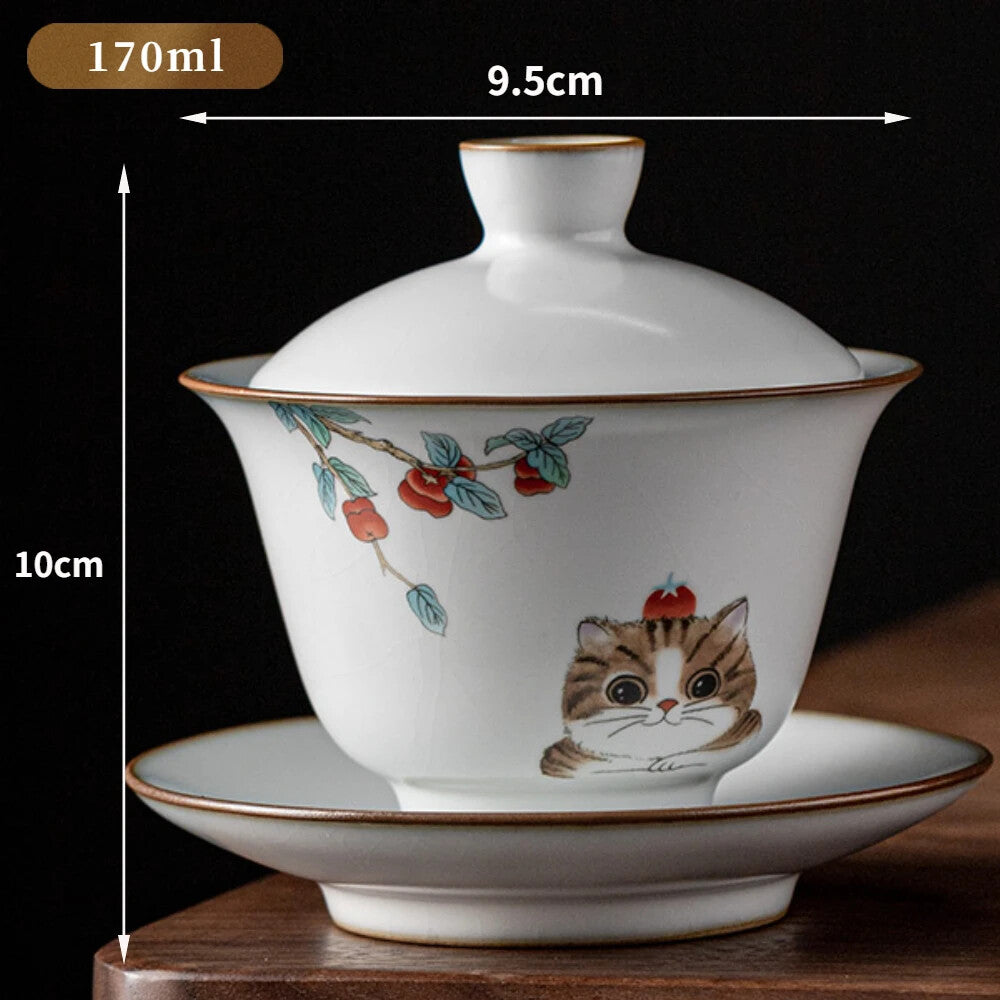 170ml Chinese Ru Kiln Ceramic Gaiwan Cute Cat Pattern Tea Tureen Teacup Tea Bowl