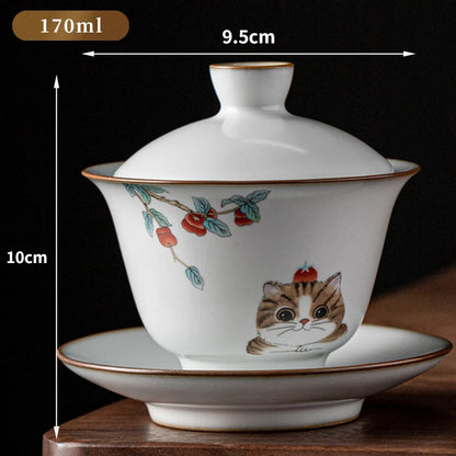 170ml Chinese Ru Kiln Ceramic Gaiwan Cute Cat Pattern Tea Tureen Teacup Tea Bowl